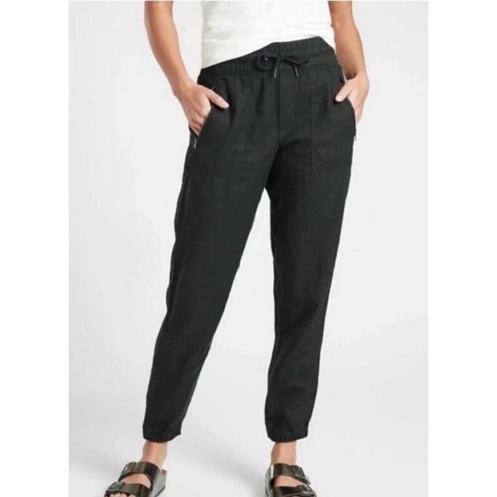 Athleta Cabo 100% Linen Joggers Black Zip Pocket Pants Women's Sz 0